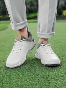 Men's Outdoor Sports Golf Shoes, High-Performance Golf Sneakers Made Of Premium Leather And Rubber Sole, Non-Slip And Durable, Simple Low-Top Design In Solid Colors White And Red, Suitable For Outdoor Golf On Grass Courses, Suggest Sizing Up For Wide Feet - White Ash - View 2