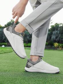 Men's Outdoor Sports Golf Shoes, High-Performance Golf Sneakers Made Of Premium Leather And Rubber Sole, Non-Slip And Durable, Simple Low-Top Design In Solid Colors White And Red, Suitable For Outdoor Golf On Grass Courses, Suggest Sizing Up For Wide Feet - White Ash - View 3