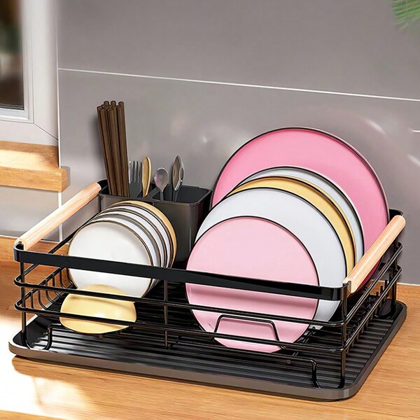 Living And Home Kitchen Countertop Stainless Steel Dish Drainer Rack,Cutlery Holder Dish Drying Rack With Wooden Handle,Kitchen Organizer Storage Shelf