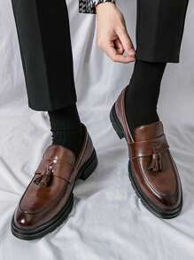 Men's Tassel Thick-soled Business Formal Pu Leather Shoes, Slip-on, Suitable For Groom Wedding And Hairstylist
