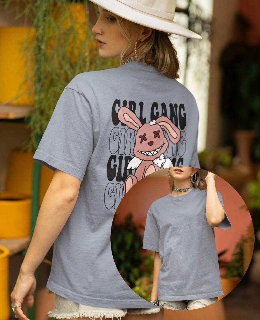 Unisex Cotton Girl Gang Bunny T-Shirt - Xám - Xem 1