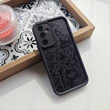 1pc Unique Black Cartoon Cute Funny Odd Dark Creative Personalized Cartoon European And American Graffiti Relief Painted Devil Halloween Matte Black Camera Lens Frame Step Design Shockproof Soft Case Compatible With Samsung/Galaxy/OPPO/VIVO//Honor/Realme Phones