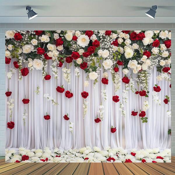 Multifunctional Polyester Backdrop, Red & White Rose Pattern - Suitable For Wedding, Bridal Shower, Birthday Etc. - Indoor & Outdoor Photo Booth Background