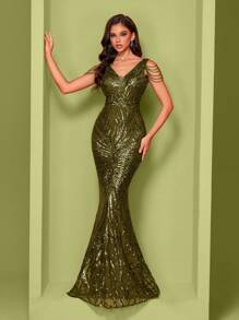 Elisanya Elastic V-Neck Fish Tail Dress, Waist Cinched Design, Paired With Handcrafted Chain Strap For Elegant & Luxurious Look, Suitable For Various Occasions Like Parties, Graduations, Weddings, Formal Events, Party Dress, Wedding Guest Dress, Evening Dress,Gown - Olive Green - View 4