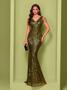 Elisanya Elastic V-Neck Fish Tail Dress, Waist Cinched Design, Paired With Handcrafted Chain Strap For Elegant & Luxurious Look, Suitable For Various Occasions Like Parties, Graduations, Weddings, Formal Events, Party Dress, Wedding Guest Dress, Evening Dress,Gown - Olive Green - View 2