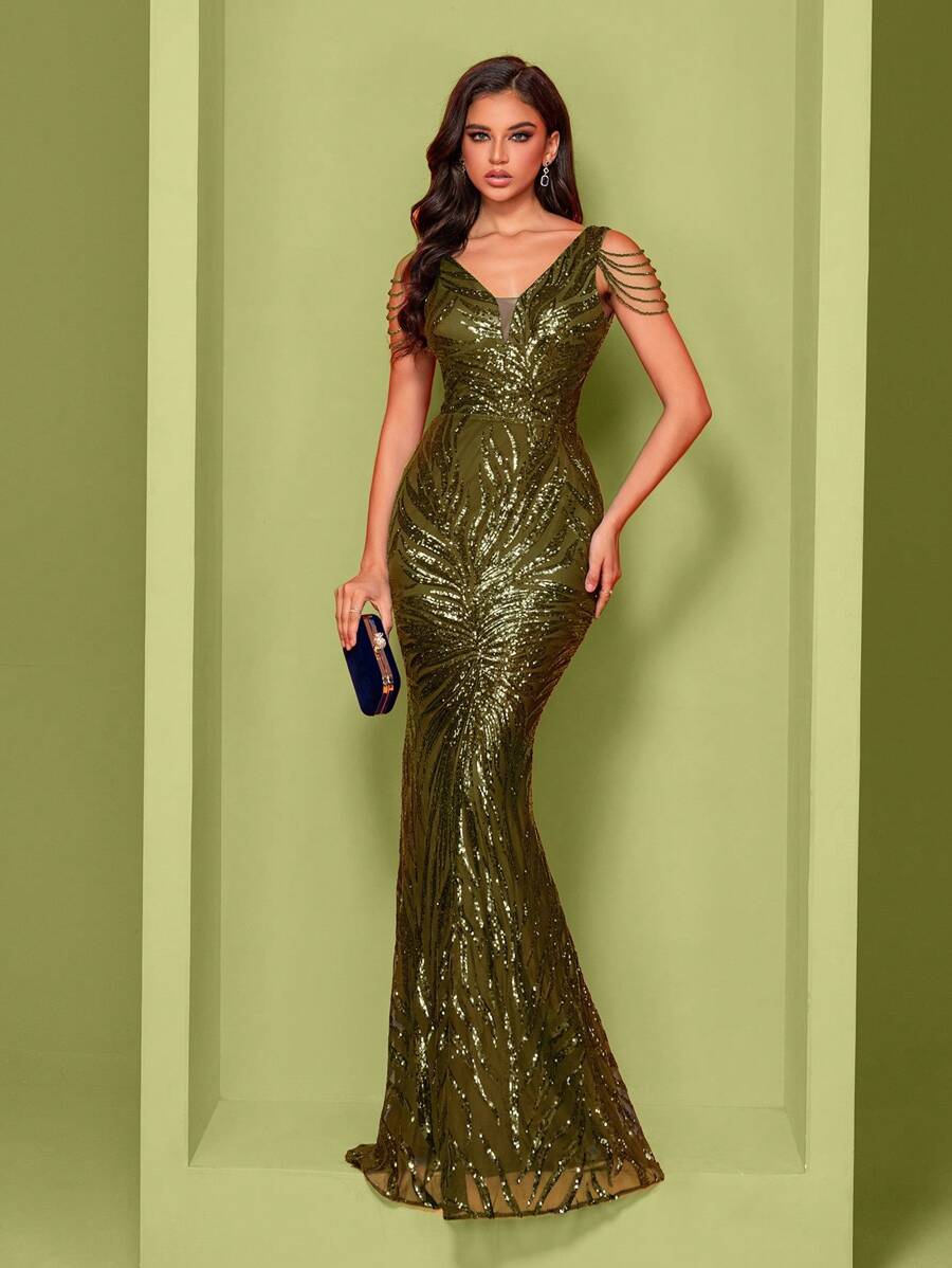 Elisanya Elastic V-Neck Fish Tail Dress, Waist Cinched Design, Paired With Handcrafted Chain Strap For Elegant & Luxurious Look, Suitable For Various Occasions Like Parties, Graduations, Weddings, Formal Events, Party Dress, Wedding Guest Dress, Evening Dress,Gown