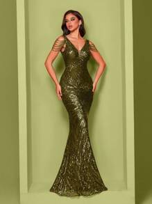 Elisanya Elastic V-Neck Fish Tail Dress, Waist Cinched Design, Paired With Handcrafted Chain Strap For Elegant & Luxurious Look, Suitable For Various Occasions Like Parties, Graduations, Weddings, Formal Events, Party Dress, Wedding Guest Dress, Evening Dress,Gown - Olive Green - View 7