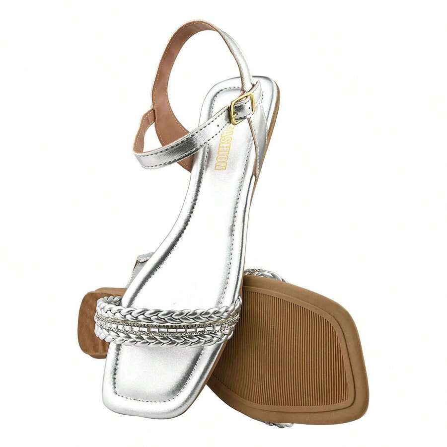 Adult Women's Flat Sandal With 2 Braids In Baguette Rhinestones - 銀色 - 查看 1
