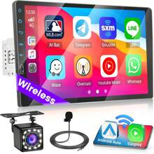 9 Inch Single Din Wireless Apple Carplay Radio With Bluetooth, Touchscreen Wireless Android Auto Car Stereo With Mirror Link AM/FM Radio 7 Color Button Lights Microphone + Backup Camera