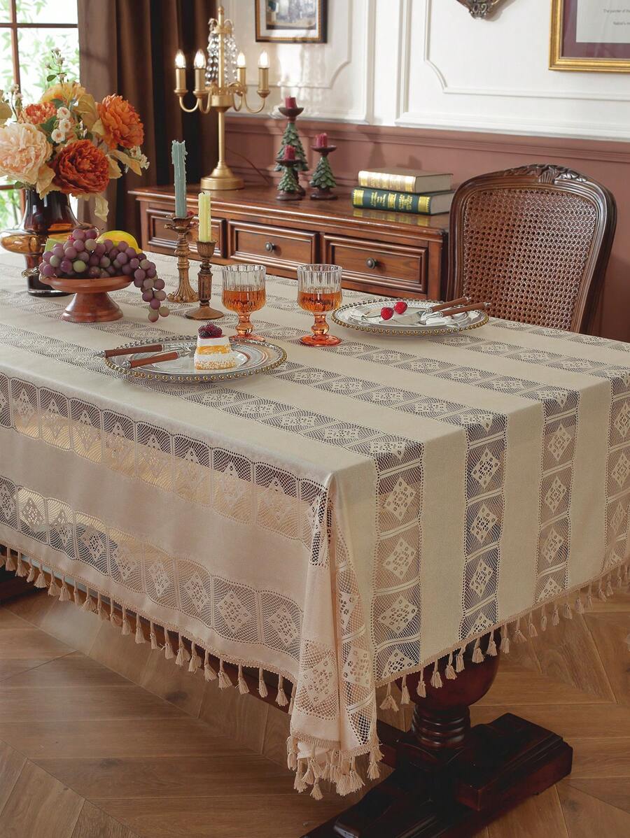 复古钩针桌布，带流苏的农舍风格镂空桌布，波西米亚钩针复古镂空桌布，蕾丝餐垫米色方形桌布，桌布，适用于婚礼、家庭聚会装饰，适合厨房、餐桌、节日、派对、宴会、餐厅、婚礼。有各种尺寸可供选择