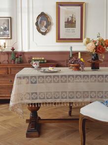 复古钩针桌布，带流苏的农舍风格镂空桌布，波西米亚钩针复古镂空桌布，蕾丝餐垫米色方形桌布，桌布，适用于婚礼、家庭聚会装饰，适合厨房、餐桌、节日、派对、宴会、餐厅、婚礼。有各种尺寸可供选择