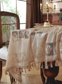 复古钩针桌布，带流苏的农舍风格镂空桌布，波西米亚钩针复古镂空桌布，蕾丝餐垫米色方形桌布，桌布，适用于婚礼、家庭聚会装饰，适合厨房、餐桌、节日、派对、宴会、餐厅、婚礼。有各种尺寸可供选择