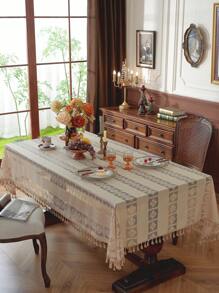 复古钩针桌布，带流苏的农舍风格镂空桌布，波西米亚钩针复古镂空桌布，蕾丝餐垫米色方形桌布，桌布，适用于婚礼、家庭聚会装饰，适合厨房、餐桌、节日、派对、宴会、餐厅、婚礼。有各种尺寸可供选择