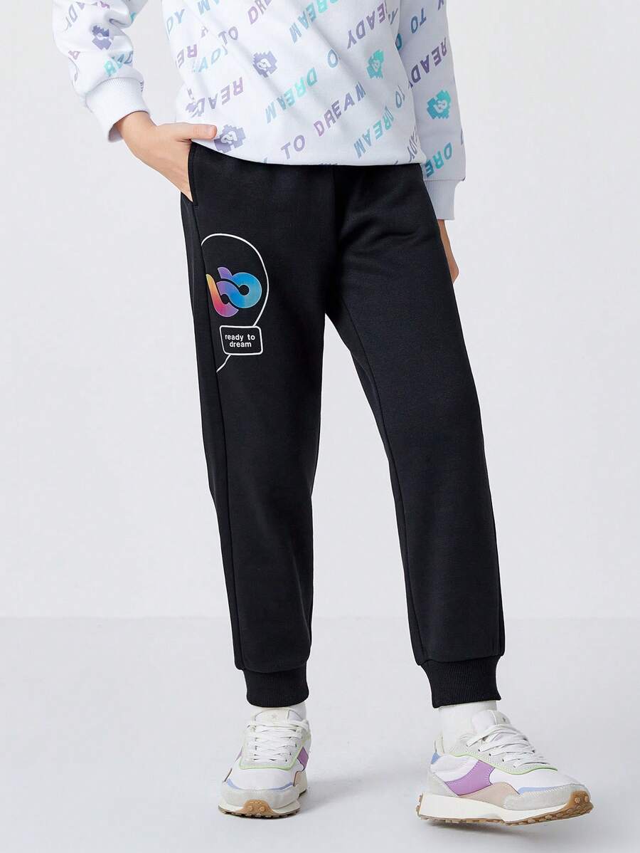 Balabala Tween 女童保暖内衬运动裤，保暖长裤，时尚简约，秋冬系列 - 黑色 - 查看 1