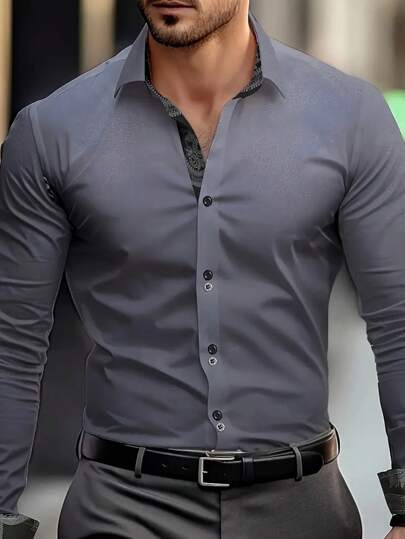 Herren klassisches grau meliertes Langarmhemd mit Kragen und Knopfleiste, gemustertes Detail, geeignet für Frühling, Sommer, Herbst, Büro, Geschäft, Lässig und formelle Anlässe