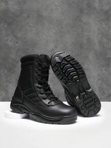 Men's Breathable Military Tactical Work Boots Side Zipper Leather Motorcycle Combat Boots (6-8 Inches) Slip, Oil, And Abrasion-Resistant Perfect For Both Daily Work And Outdoor Sports Like Camping, Climbing, Cycling, Fishing, Jungle, Running, Mountaineering, Traveling, And So On - 黑色 - 查看 6