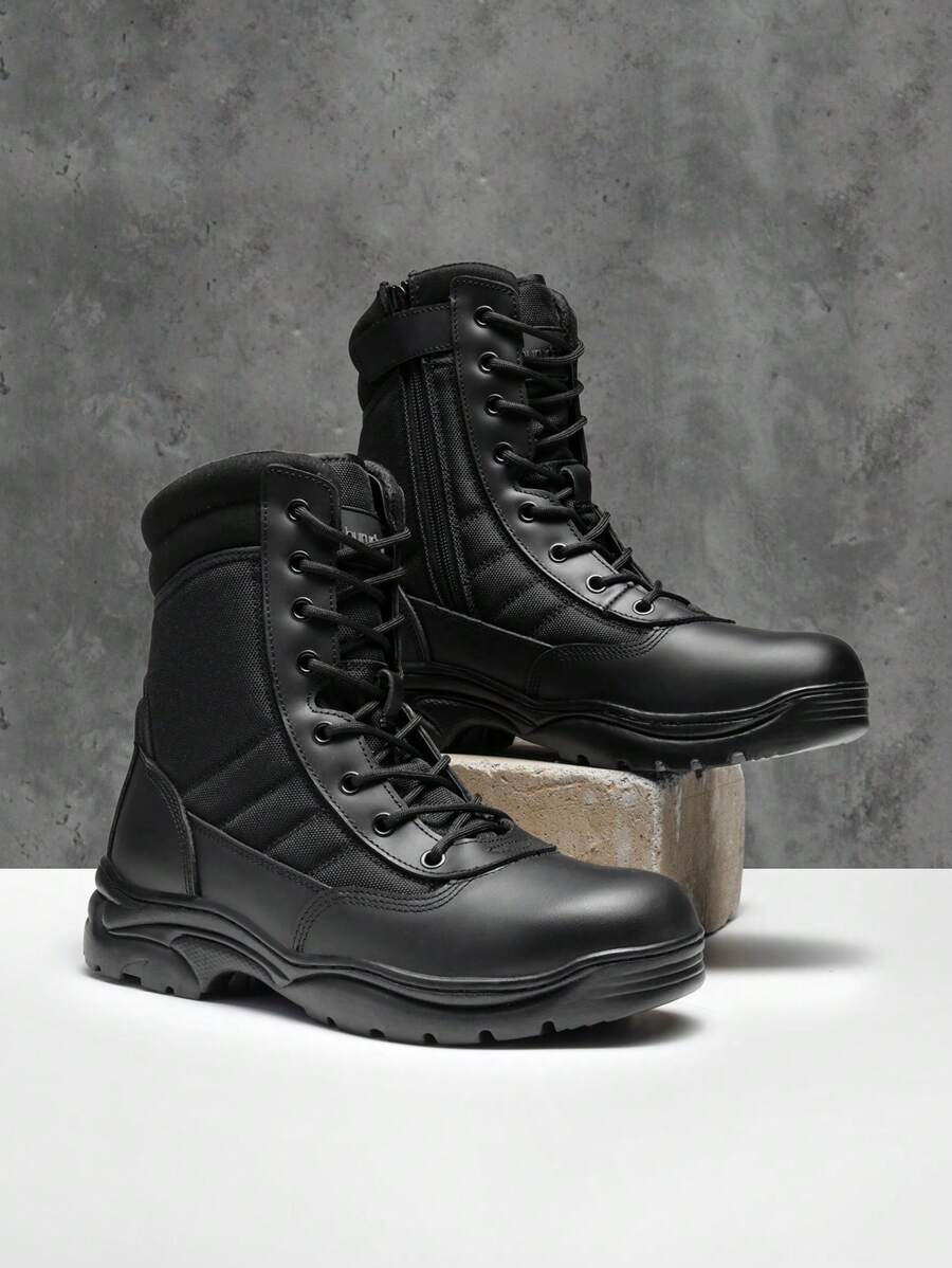 Men's Breathable Military Tactical Work Boots Side Zipper Leather Motorcycle Combat Boots (6-8 Inches) Slip, Oil, And Abrasion-Resistant Perfect For Both Daily Work And Outdoor Sports Like Camping, Climbing, Cycling, Fishing, Jungle, Running, Mountaineering, Traveling, And So On - 黑色 - 查看 1