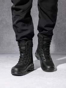 Men's Breathable Military Tactical Work Boots Side Zipper Leather Motorcycle Combat Boots (6-8 Inches) Slip, Oil, And Abrasion-Resistant Perfect For Both Daily Work And Outdoor Sports Like Camping, Climbing, Cycling, Fishing, Jungle, Running, Mountaineering, Traveling, And So On - 黑色 - 查看 3