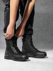 Men's Breathable Military Tactical Work Boots Side Zipper Leather Motorcycle Combat Boots (6-8 Inches) Slip, Oil, And Abrasion-Resistant Perfect For Both Daily Work And Outdoor Sports Like Camping, Climbing, Cycling, Fishing, Jungle, Running, Mountaineering, Traveling, And So On - 黑色 - 查看 2