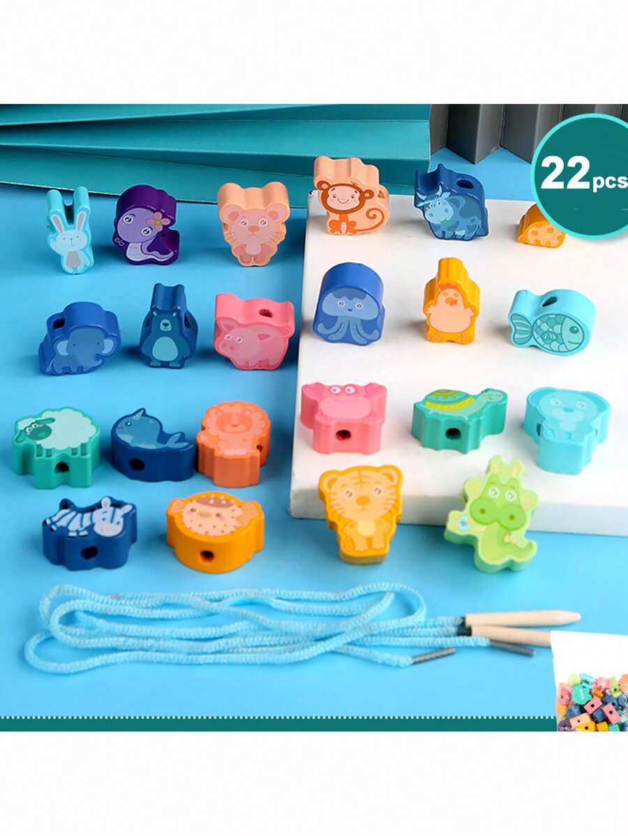 22/45 piezas Juguete educativo de madera para niños, cuentas en forma de frutas y vehículos, desarrollo de coordinación mano-ojo, ideal para aprendizaje temprano - Azul - Ver 1