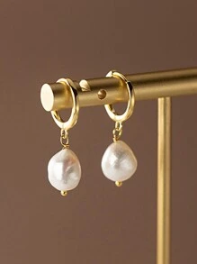 1 Pair S925 Sterling Silver Earrings With Natural Freshwater Pearl Drop, Golden, Elegant & Fashionable, Suitable For Women To Wear Daily As Delicate Gifts
