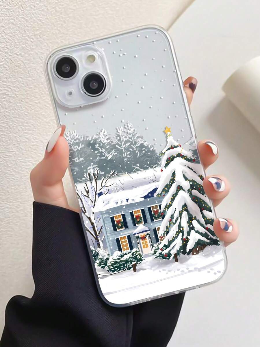 1pc Transparent TPU Phone Case With Winter Pattern Design, Compatible With Apple Phones - Multicolor - View 1