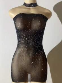 Completo lingerie sexy composto da abito con design aderente e decorazioni in strass, senza biancheria intima, abbigliamento sexy da donna con abito e collana