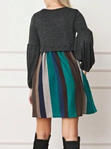 Boho Retro 70's 90's Vintage Black Black Olive Mocha Pink Mint Knit Brushed Ruffle Tiered Color Block Stripe Tunic Dress - 木炭 - 查看 4