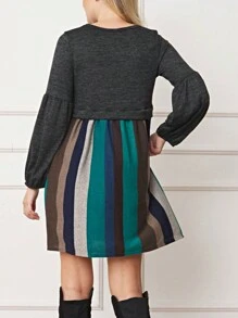 Boho Retro 70's 90's Vintage Black Black Olive Mocha Pink Mint Knit Brushed Ruffle Tiered Color Block Stripe Tunic Dress - 木炭 - 查看 3