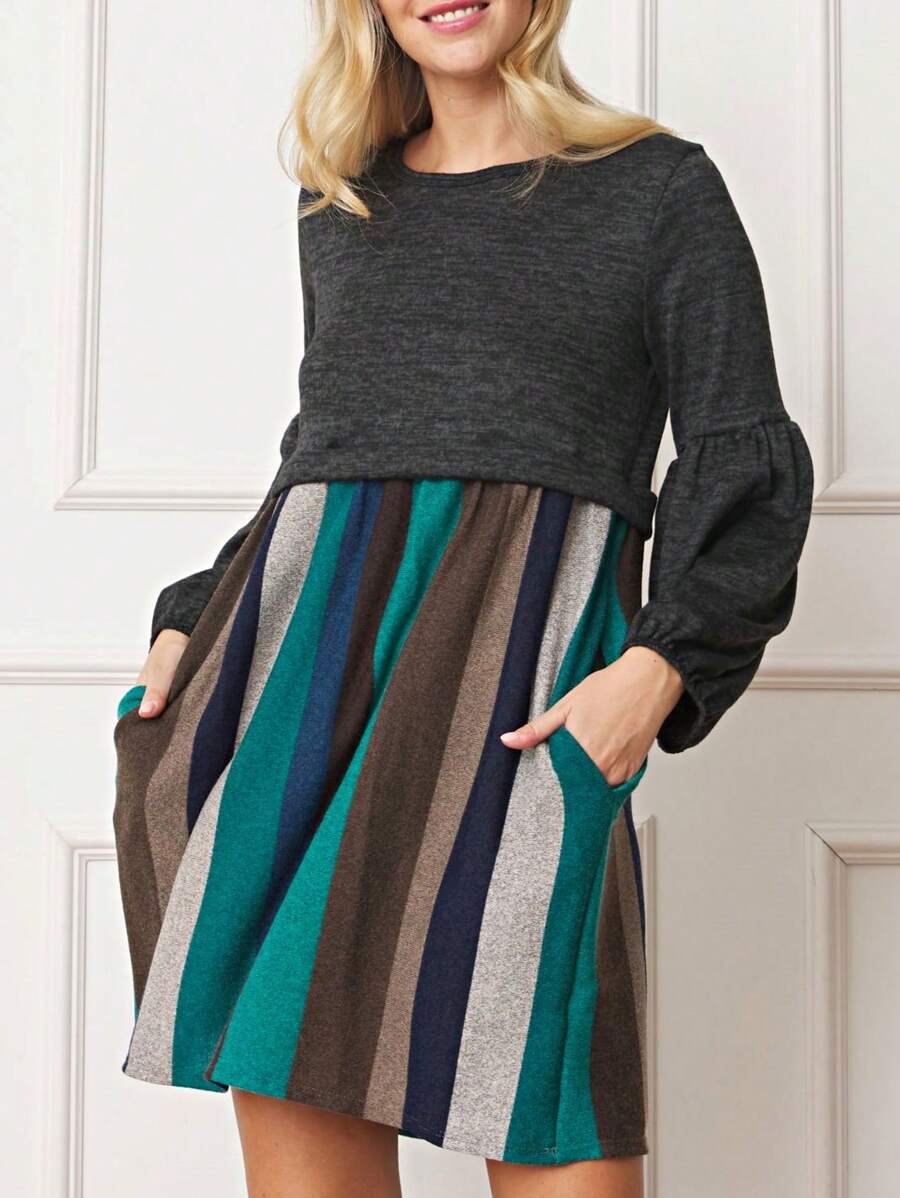 Boho Retro 70's 90's Vintage Black Black Olive Mocha Pink Mint Knit Brushed Ruffle Tiered Color Block Stripe Tunic Dress - 木炭 - 查看 1
