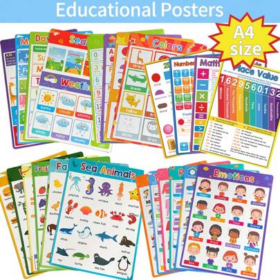 Lachilly Educational Posters For Kid, ABC Colors Shapes Numbers Classified English Learning Charts Montessori Learning Tools Children Room Homeschool Classroom Decor A4 Posters