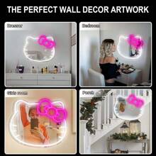 Sanrio Enseigne lumineuse au néon Sanrio Hello Kitty chat avec miroir mural et bande LED réglable - En plastique, à fixer au mur, avec interrupteur, polyvalent, alimenté par USB, sans fil, sans batterie, éclairage blanc - Pour chambre, coiffeuse, salle de séjour, chambre d'enfant, cadeau pour toute la journée