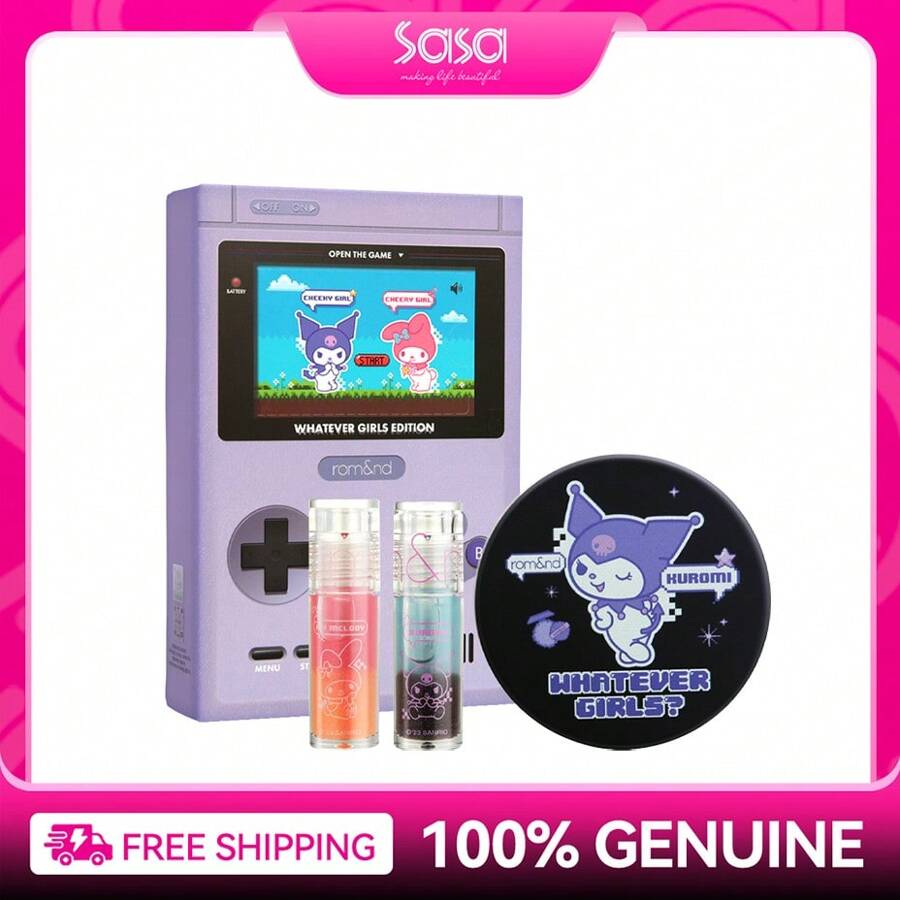 Rom&nd Romand X Sanrio My Melody Kuromi WHATEVER GIRLS  Edition Christmas Gift Set 3pcs - 1 Foundation Cushion 10g + 2 Lip Gloss (#07+#08) - Tint #13 Custard Mauve+Tint #15 Cheeky Taro+Cushion #04 Be 23+ Palette #11 Cheeky Cheeky Garden - Xem 1