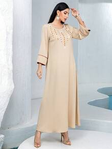 Khaki Textured Comfortable Casual Dress With Hand-Sewn Rhinestone Pearl Decor, Suitable For Daily Occasions And Gatherings,Modest - Khaki - View 4