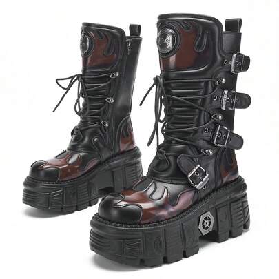 European And American Dark Punk Flame Platform Boots, Gothic Metal Tank Sole Increased Height Mid-Calf Biker Boots For Women
