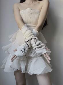 1pair Ladies' Fingerless Sleeves, European And American Solid Color Basic Arm Warmers With Twister Silk Ribbon Bowknot, Academy Style Keep Warm Gloves For Students - White - View 2