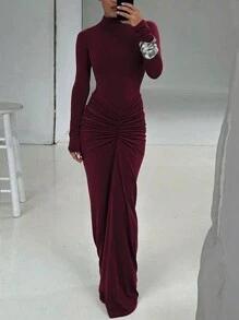 Women Fitted Crew Neck Long Sleeve Ruffle Hem Solid Color Dress, Spring/Autumn