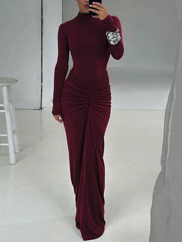 Women Fitted Crew Neck Long Sleeve Ruffle Hem Solid Color Dress, Spring/Autumn