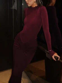 Women Fitted Crew Neck Long Sleeve Ruffle Hem Solid Color Dress, Spring/Autumn