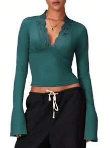 Women's Lace Trim Crop Tops Y2k Long Flare Sleeve Going Out Tops Cute Wrap  Deep V Neck Blouse Tee Shirts - 綠色 - 查看 2