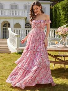 Váy xòe họa tiết hoa tinh tế trễ vai bằng vải chiffon thanh lịch dành cho nữ, váy phù dâu - Hồng - Xem 5