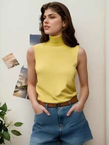 Kamizelka dzianinowa z kołnierzykiem typu stacked dla kobiet, sweter bez rękawów, dopasowany krój, prosta i uniwersalna podstawa