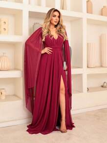 Women's Long Party Dress With Slit Cape Sleeve V-Neck Solid Color Elegant New Year's Eve - 玫瑰紅 - 查看 2