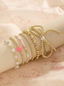 6pcs Women's Faux Pearl Bowknot, Resin Heart & Round Beaded Bracelet Set, Elegant For Party Wear