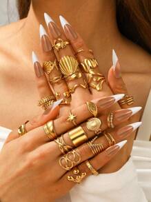 Aomogo Vintage Fashionable Unique Stainless Steel Geometric Water Drop, Leaf, Starfish, Crab Open Ring Set, Suitable For Men And Women, Daily Wear And Party - Ring - View 1