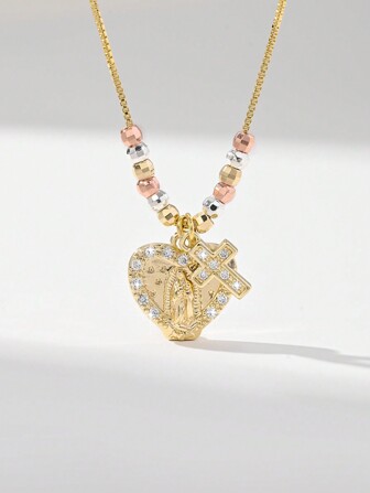 1件欧美风新款铜镶嵌锆石低过敏小号可叠戴爱心卡通顽皮熊吊坠项链，适合圣诞节/感恩节/万圣节/母亲节/情人节送给情侣/朋友/教父母的礼物，天主教初领圣体礼，日常及节日佩戴