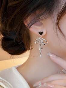 1 Pair Elegant Rhinestone Heart & Bowknot Long Tassel Drop Earrings, Luxury Charming Sweet Personalized Stylish Party Earrings For Women Valentines, Mom, Mother, Mother's Day, Gift
