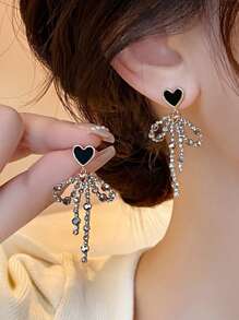 1 Pair Elegant Rhinestone Heart & Bowknot Long Tassel Drop Earrings, Luxury Charming Sweet Personalized Stylish Party Earrings For Women Valentines, Mom, Mother, Mother's Day, Gift
