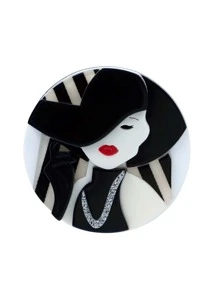1pc Handmade Retro Modern Woman With Hat Acrylic Brooch, Vintage Cartoon Character Portrait Pins