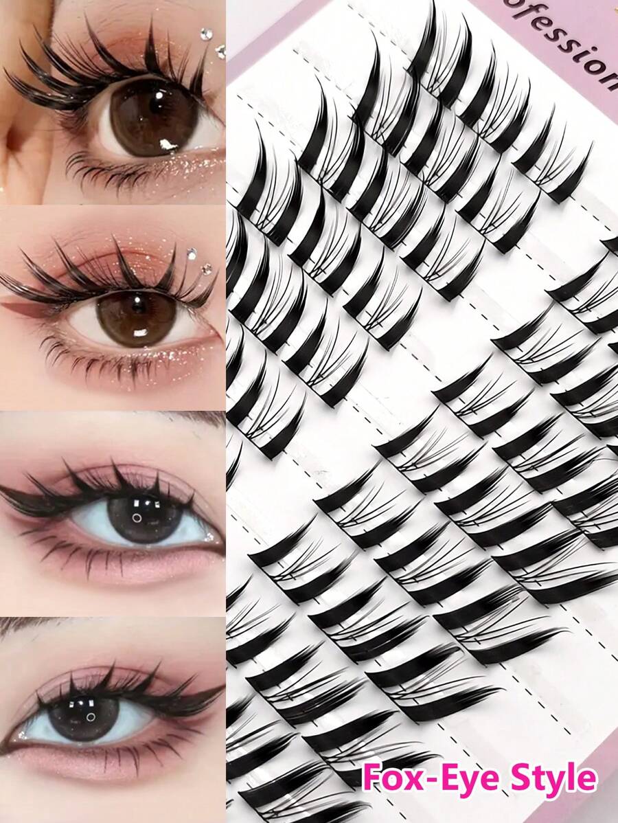 Asiteo 60pcs D-Curl Fluffy Fox Eye Individual Lashes, Natural Cartoon Cat Eye DIY False Eyelashes, Create Dramatic Makeup, Easy For Beginners, Reusable, Suitable For Daily Wear - D - View 1